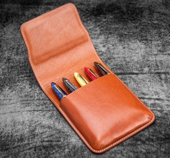 Galen Leather - Leather Flap Pen Case for Five Pens - Brown - Blesket Canada