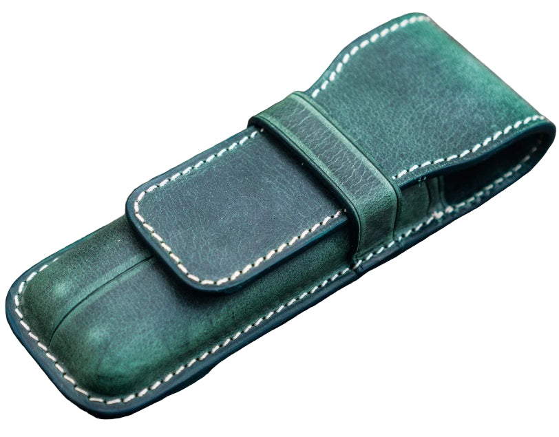 Galen Leather Flap Pen Case for Two Pens - Crazy Horse Forest Green - Blesket Canada