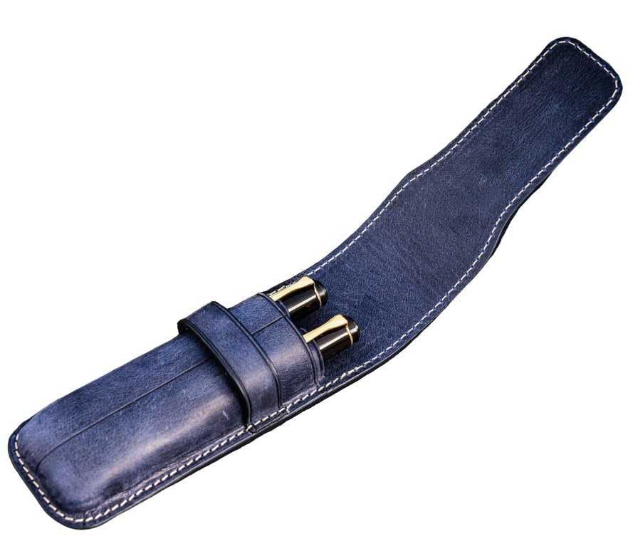 Galen Leather Flap Pen Case for Two Pens - Crazy Horse Navy Blue - Blesket Canada