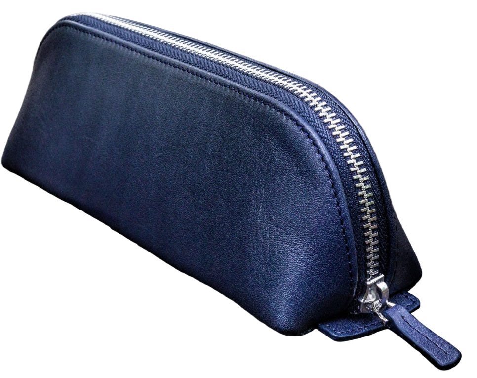 Galen Leather XLarge Zipper Leather Pencil Case - Navy Blue - Blesket Canada