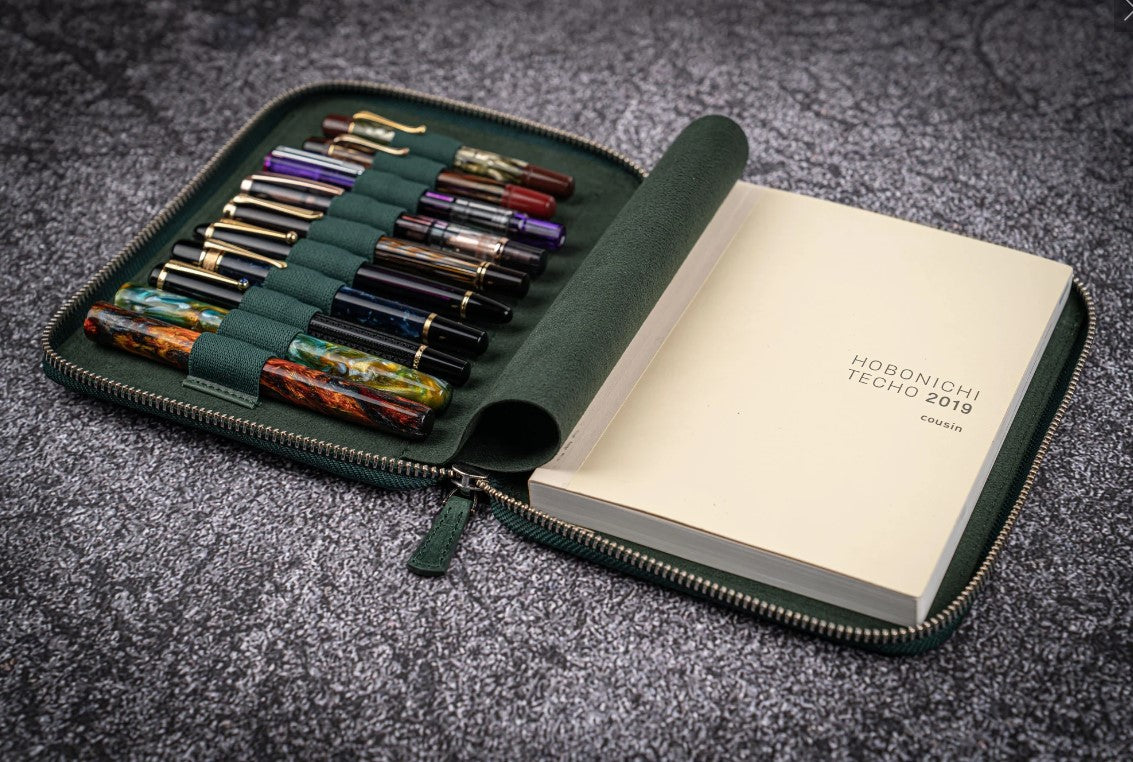 Galen Leather - leather Zippered 10 Slot Pen Case with A5 Notebook Holder - Crazy Horse Forest Green - Blesket Canada