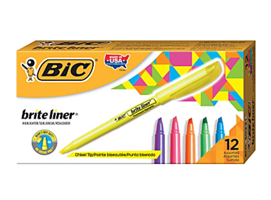 Bic brite liner flourascent highlighter - box of 12 - Blesket Canada