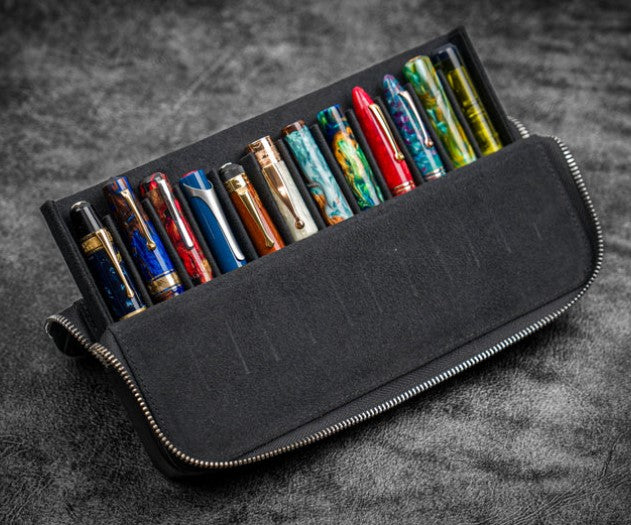 Galen Leather - Leather Zippered Magnum Opus 12 Slots Hard Pen Case with Removable Pen Tray - Black - Blesket Canada