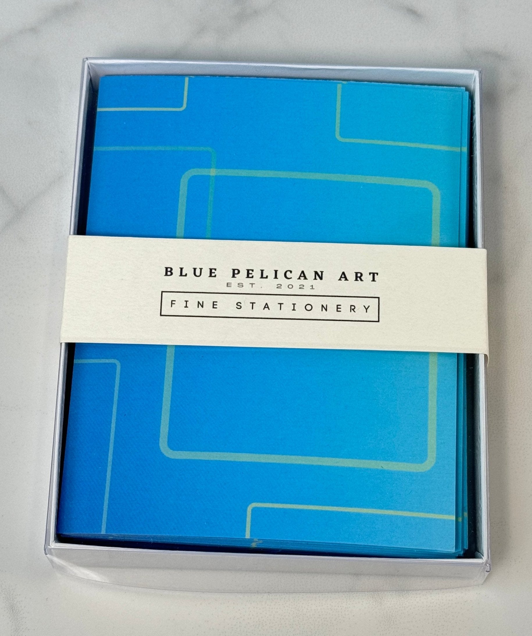 Blue Pelican Art Fine Stationary Note Cards - Blue Cards with Light Green Squares - Blesket Canada