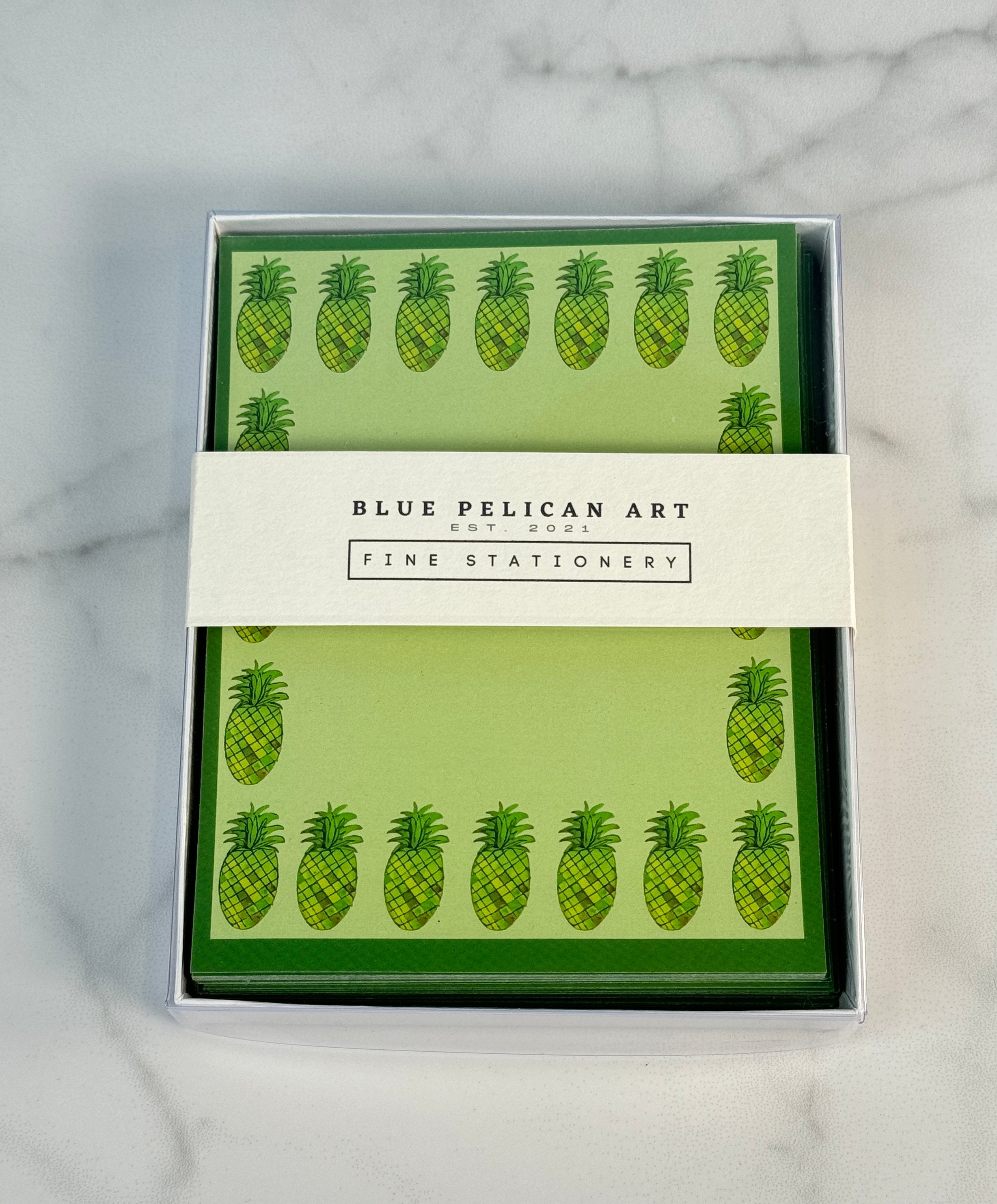 Blue Pelican Art Fine Stationary Note Cards - Lime Green Pineapple Border - Blesket Canada