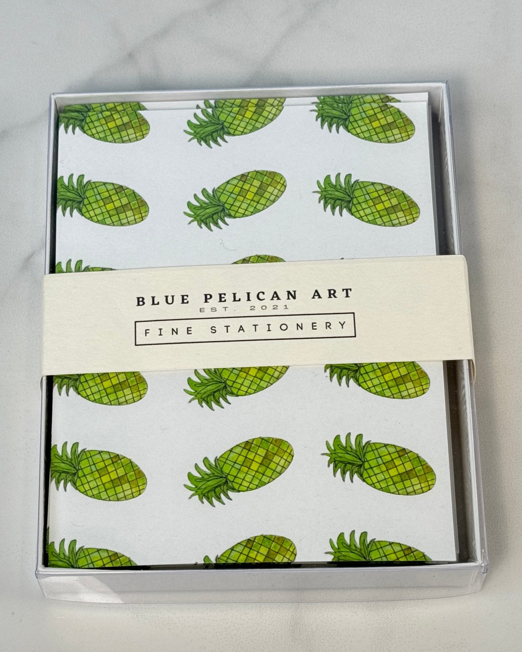 Blue Pelican Art Fine Stationary Note Cards - White Cards with Green Pineapples - Blesket Canada