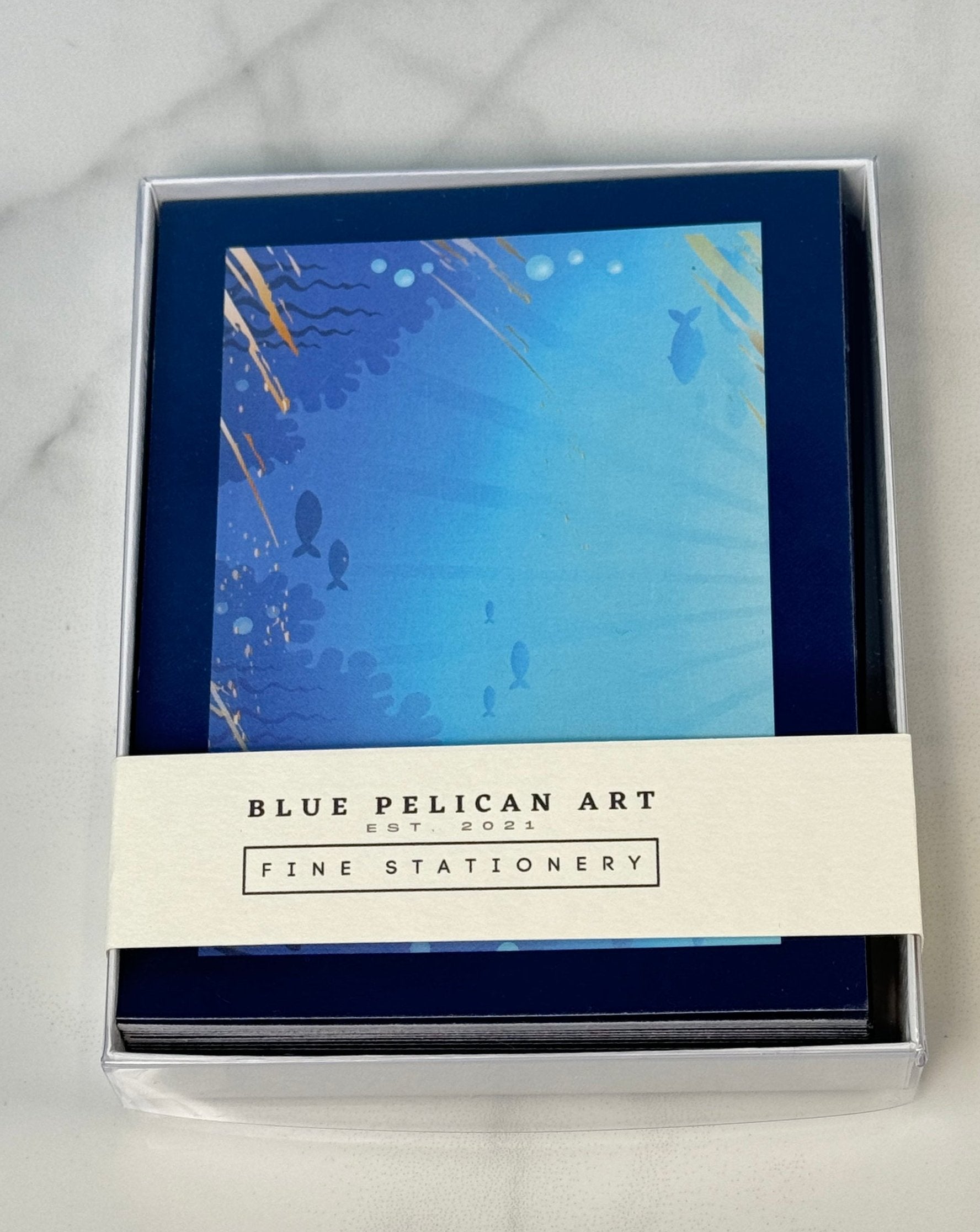 Blue Pelican Art Fine Stationary Note Cards - Blue Under the Ocean - Blesket Canada