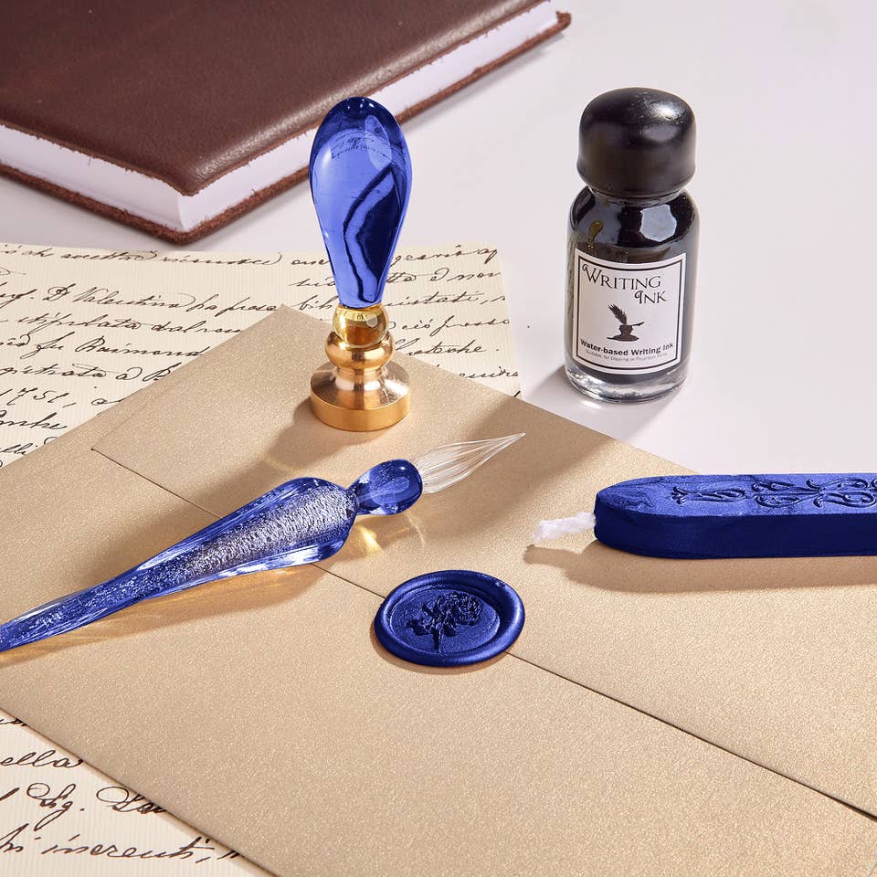 Blue Glass Wax Seal & Calligraphy Pen & Ink Set - Bee - Blesket Canada