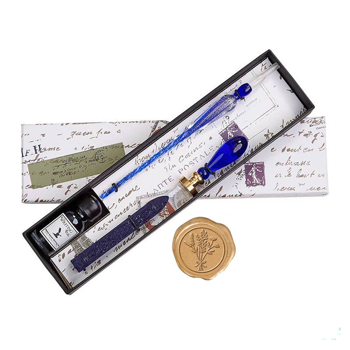 Blue Glass Wax Seal & Calligraphy Pen & Ink Set - Wildflowers - Blesket Canada