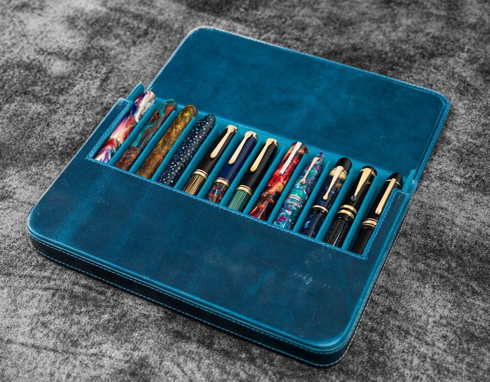 Galen Leather - Leather Magnum Opus 12 Slots Hard Pen Case with Removable Pen Tray - Crazy Horse Ocean Blue - Blesket Canada