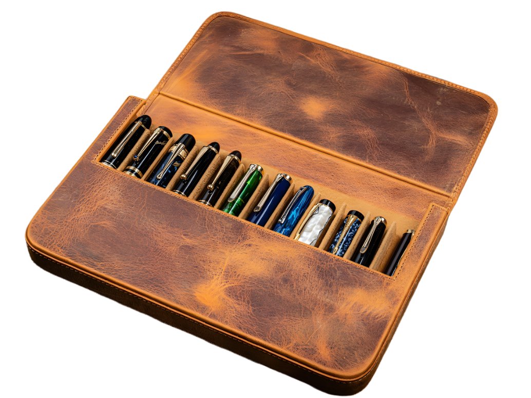 Galen Leather - Leather Magnum Opus 12 Slots Hard Pen Case with Removable Pen Tray - Crazy Horse Brown - Blesket Canada