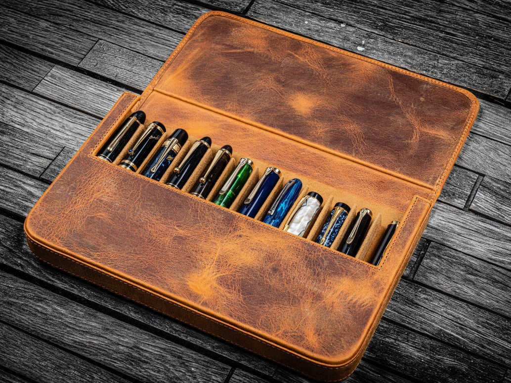 Galen Leather - Leather Magnum Opus 12 Slots Hard Pen Case with Removable Pen Tray - Crazy Horse Brown - Blesket Canada