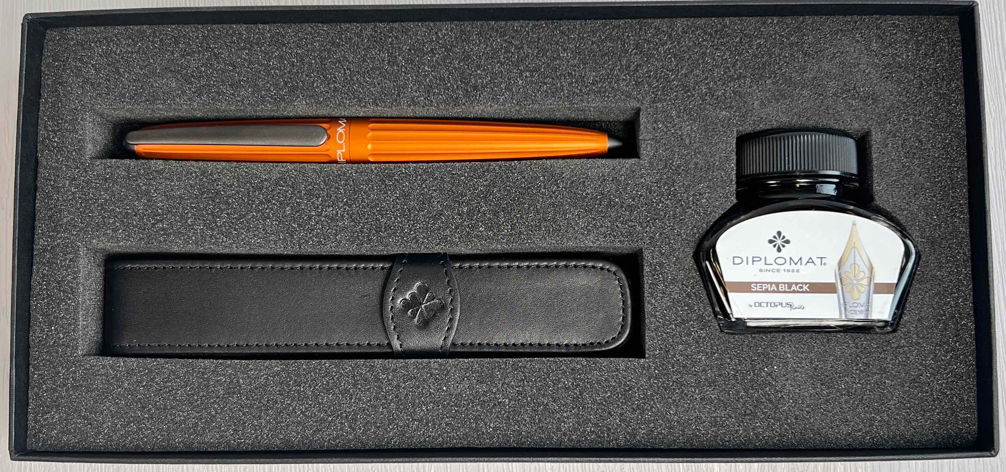 Diplomat Aero Orange Fountain Pen Set with Sepia ink bottle - Blesket Canada