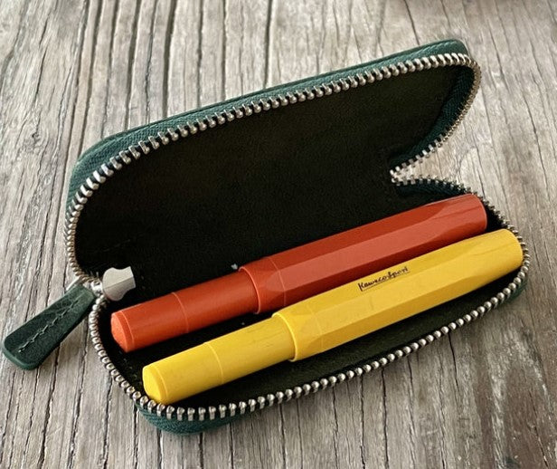 Galen Leather - Leather Zippered Double Pen Case for Kaweco - Pocket Pen - Crazy Horse Forest Green - Blesket Canada