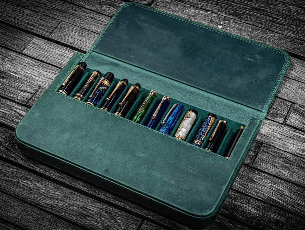 Galen Leather - Leather Magnum Opus 12 Slots Hard Pen Case with Removable Pen Tray - Crazy Horse Forest Green - Blesket Canada