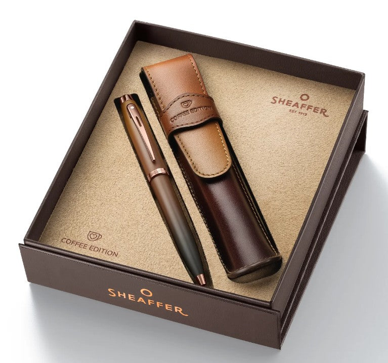 Sheaffer 100 Coffee Edition Ballpoint Pen and Leather Pen Pouch Gift Set – Matte Brown - Blesket Canada