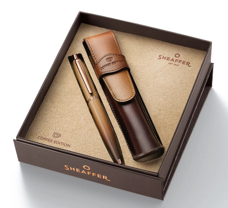 Sheaffer VFM G9428 Coffee Edition Ballpoint Pen and Leather Pen Pouch Gift Set – Matte Brown - Blesket Canada