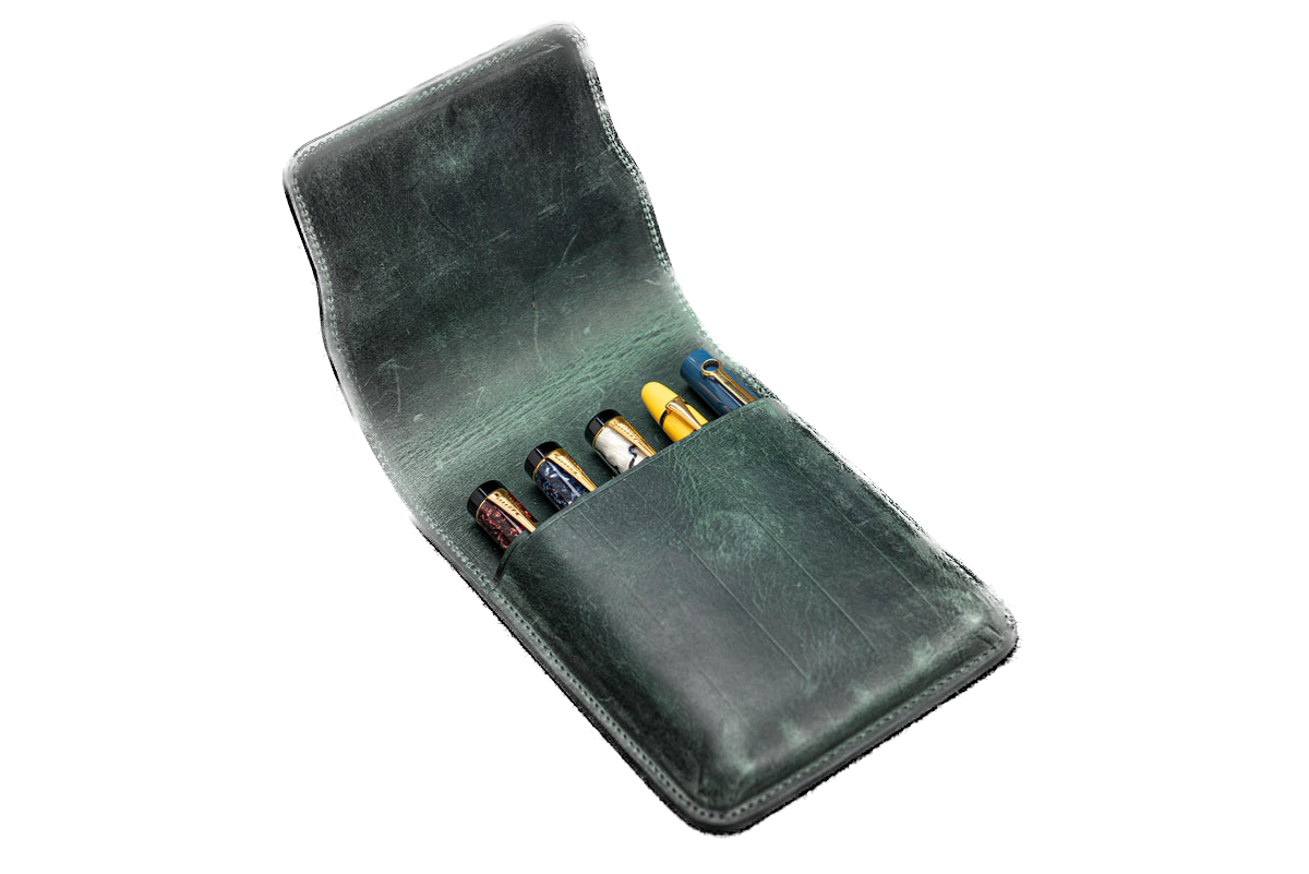 Galen Leather - Leather Flap Pen Case for Five Pens - Crazy Horse Forest Green - Blesket Canada