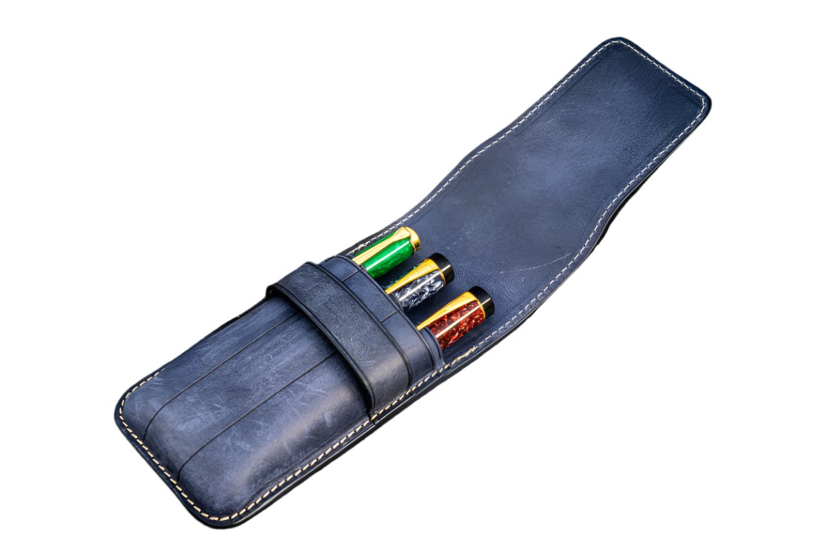 Galen Leather - Leather Flap Pen Case for Three Pens - Crazy Horse Navy Blue - Blesket Canada