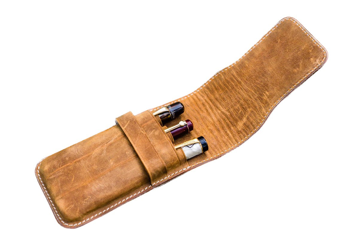 Galen Leather - Leather Flap Pen Case for Three Pens - Crazy Horse Brown - Blesket Canada