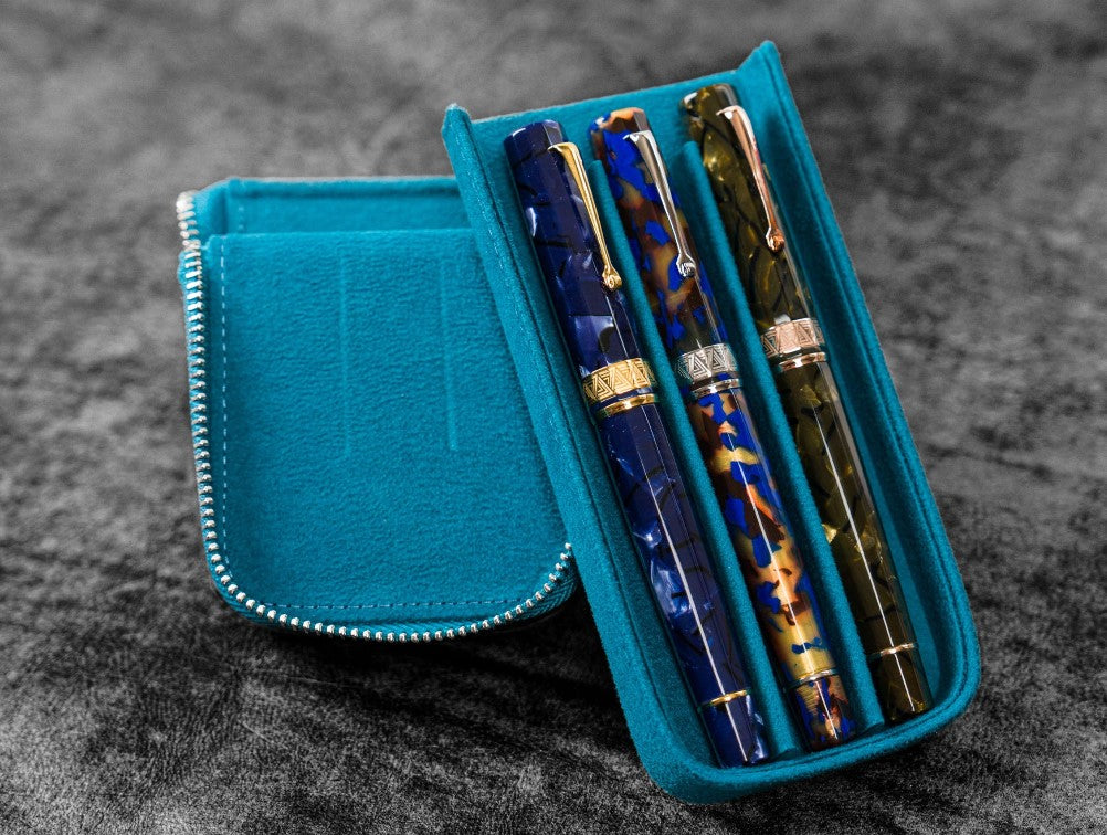 Galen Leather - Leather Magnum Opus 3 Slots Hard Pen Case with Removable Pen Tray - Crazy Horse Ocean Blue - Blesket Canada