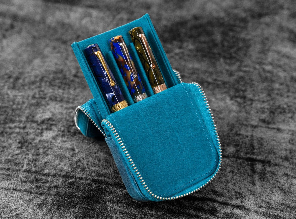 Galen Leather - Leather Magnum Opus 3 Slots Hard Pen Case with Removable Pen Tray - Crazy Horse Ocean Blue - Blesket Canada