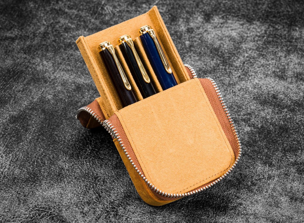 Galen Leather - Leather Magnum Opus 3 Slots Hard Pen Case with Removable Pen Tray - Crazy Horse Ocean Brown - Blesket Canada