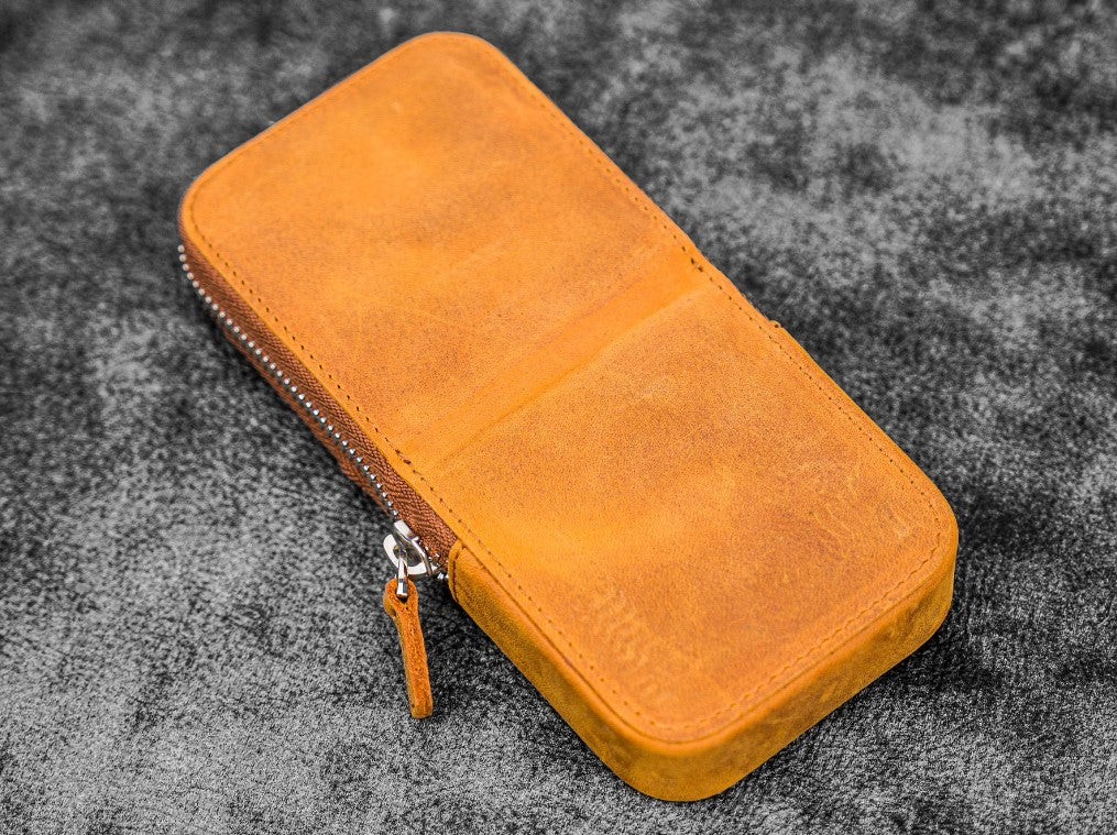 Galen Leather - Leather Magnum Opus 3 Slots Hard Pen Case with Removable Pen Tray - Crazy Horse Ocean Brown - Blesket Canada