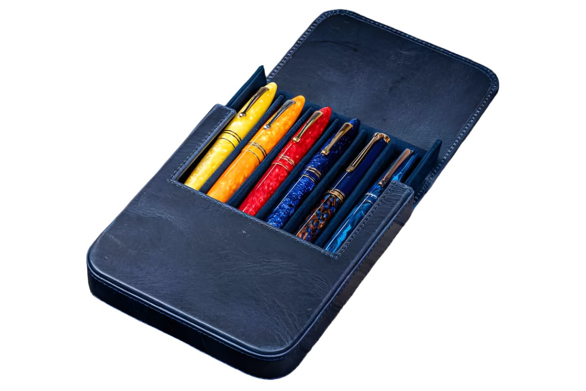 Galen Leather Magnum Opus 6 Slots Hard Pen Case with Removable Pen Tray - C.H. Navy Blue - Blesket Canada