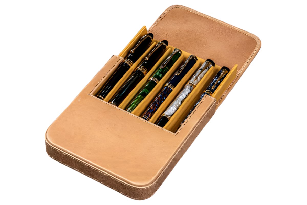 Galen Leather - Leather Magnum Opus 6 Slots Hard Pen Case with Removable Pen Tray - C.H Honey Ochre