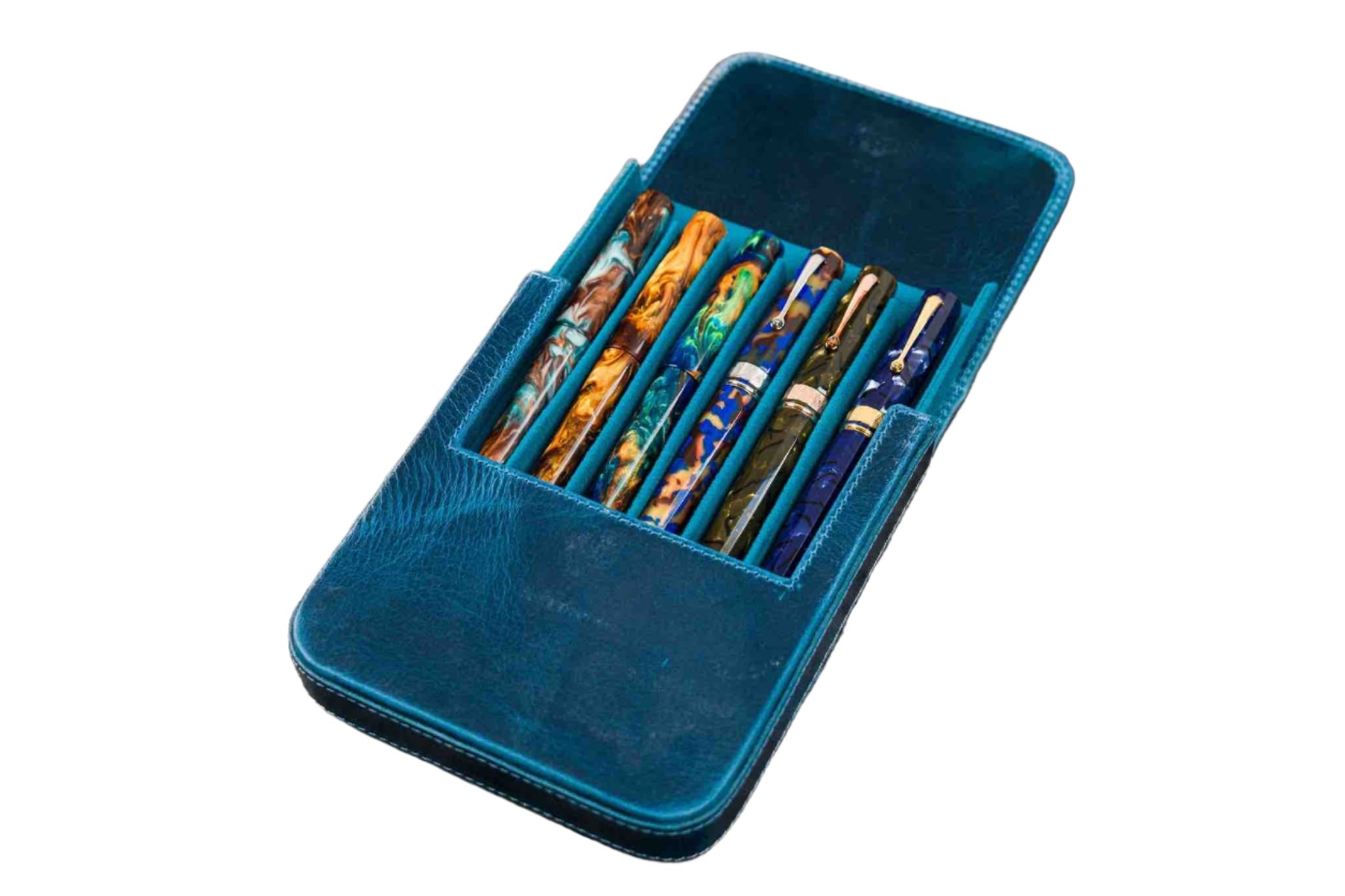 Galen Leather - Leather Magnum Opus 6 Slots Hard Pen Case with Removable Pen Tray - C.H. Ocean Blue - Blesket Canada