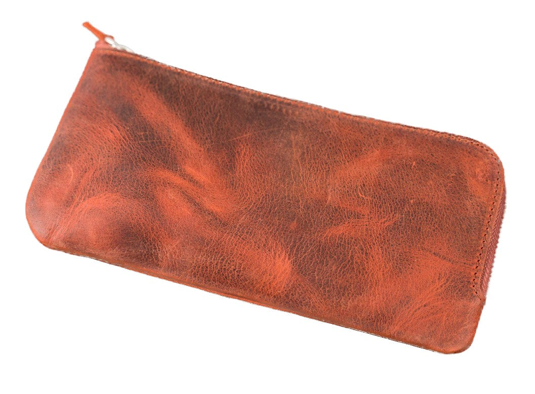 Galen Leather - Slip-N-Zip 4 Slots Zippered Pen Pouch - Crazy Horse Orange - Blesket Canada