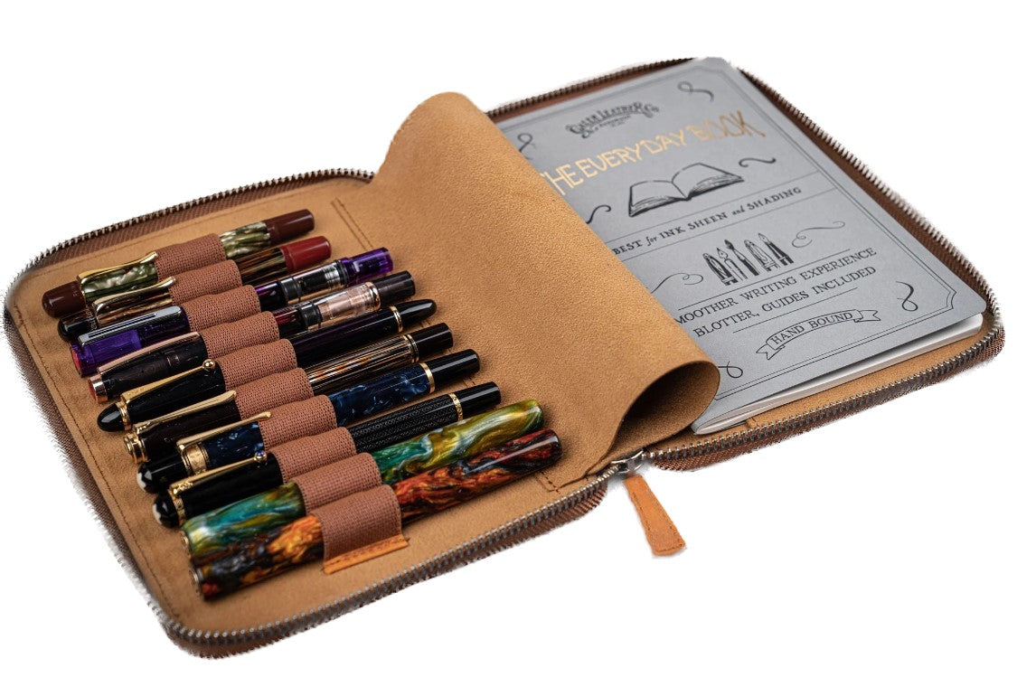 Galen Leather - leather Zippered 10 Slot Pen Case with A5 Notebook Holder - Crazy Horse Honey Ochre - Blesket Canada