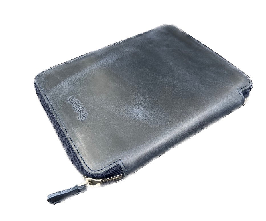 Galen Leather - leather Zippered 10 Slot Pen Case with A5 Notebook Holder - Crazy Horse Navy Blue - Blesket Canada