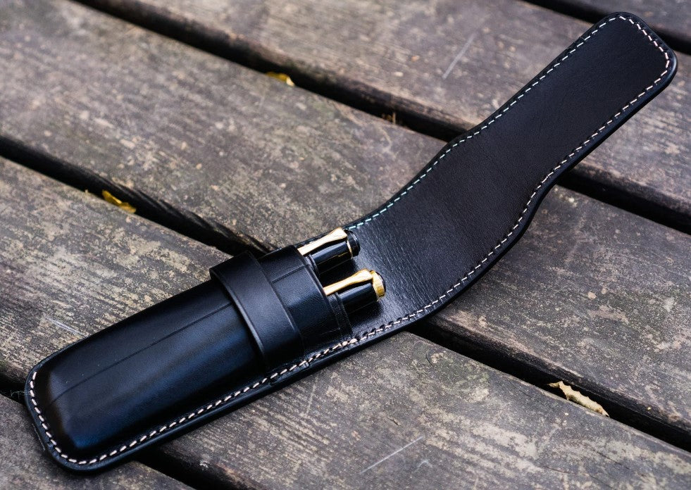 Galen Leather - Leather Flap Pen Case for Two Pens - Black - Blesket Canada