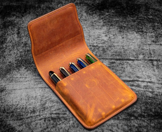 Galen Leather - Leather Flap Pen Case for Five Pens - Crazy Horse Brown - Blesket Canada