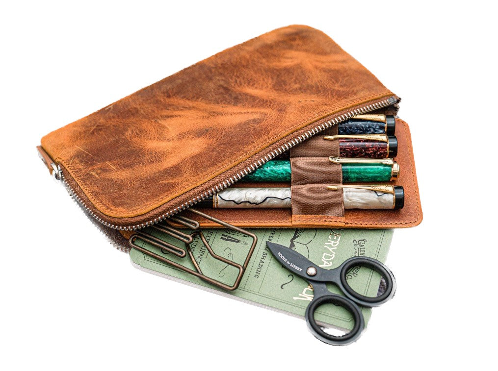 Galen Leather - Slip-N-Zip 4 Slots Zippered Pen Pouch - Crazy Horse Brown - Blesket Canada
