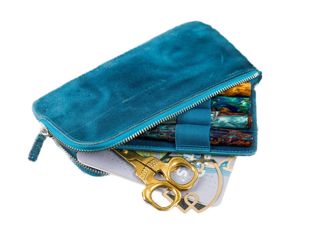 Galen Leather - Slip-N-Zip 4 Slots Zippered Pen Pouch - Crazy Horse Ocean Blue - Blesket Canada