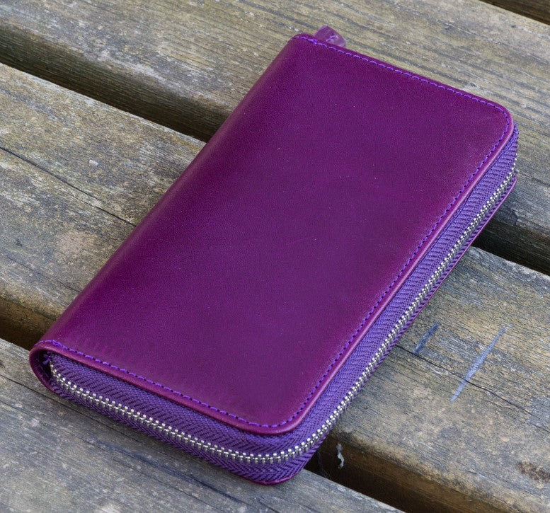 Galen Leather - Leather Zippered 3 Slot Pen Case - Purple - Blesket Canada