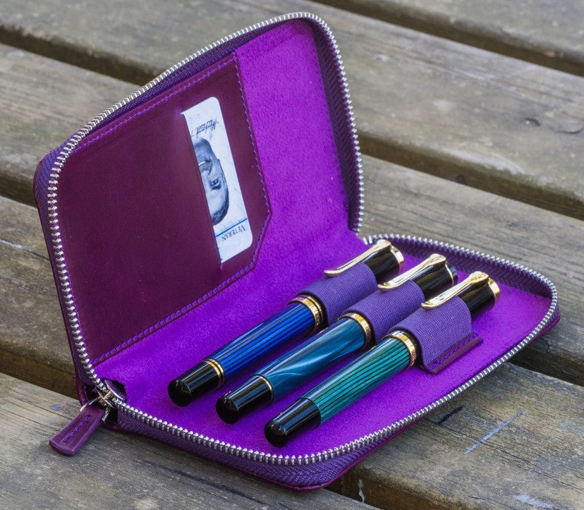 Galen Leather - Leather Zippered 3 Slot Pen Case - Purple