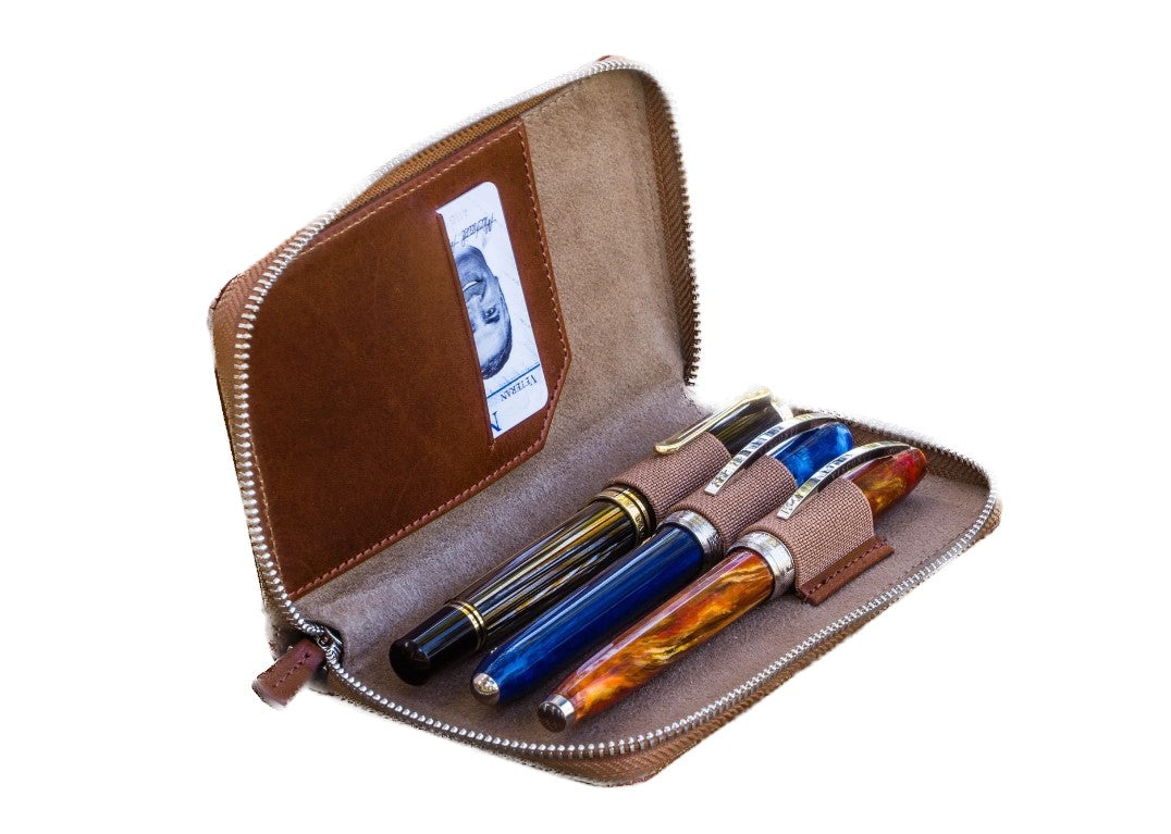 Galen Leather - Leather Zippered 3 Slot Pen Case - Brown - Blesket Canada