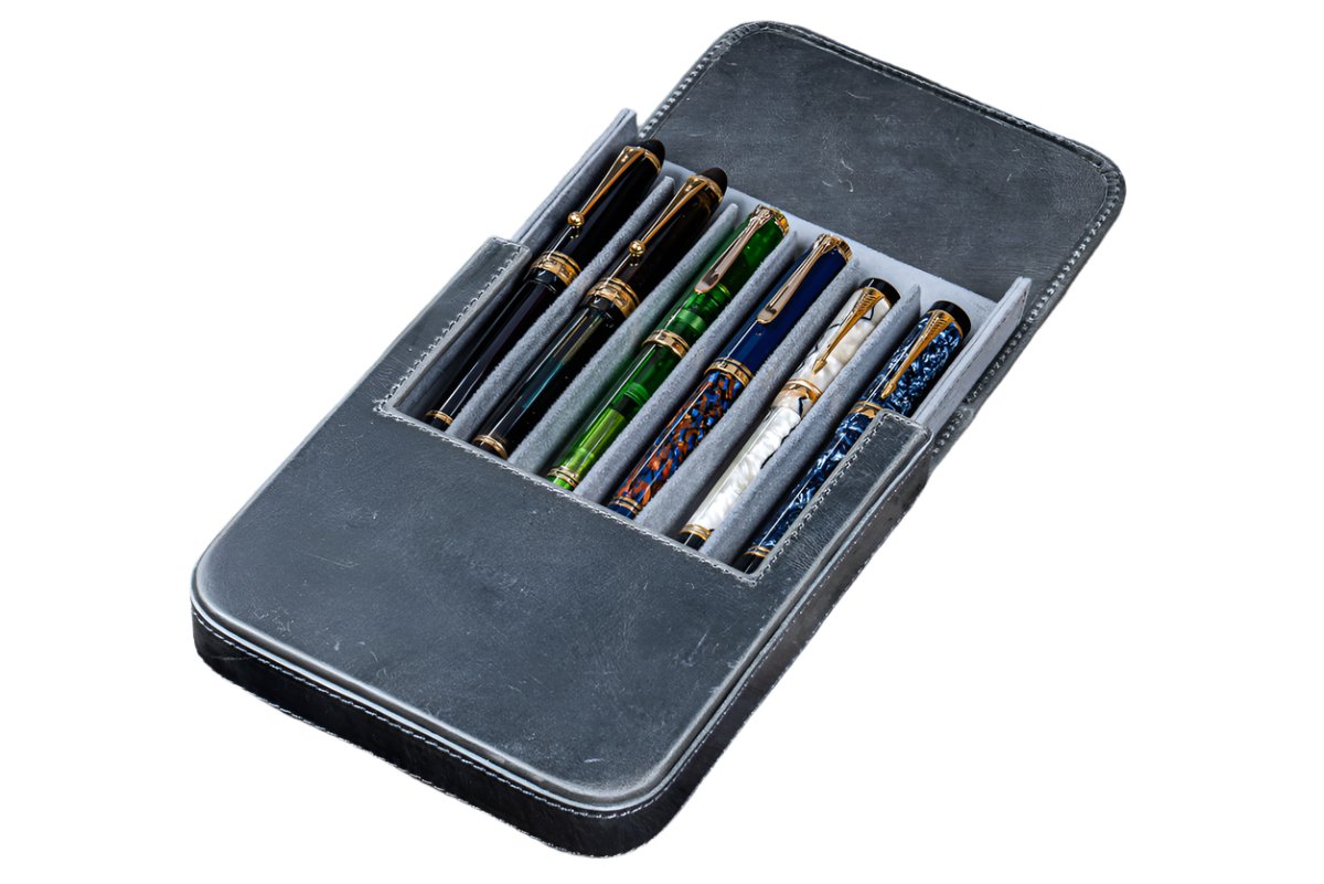 Galen Leather Magnum Opus 6 Slots Hard Pen Case with Removable Pen Tray - Crazy Horse Smoky - Blesket Canada