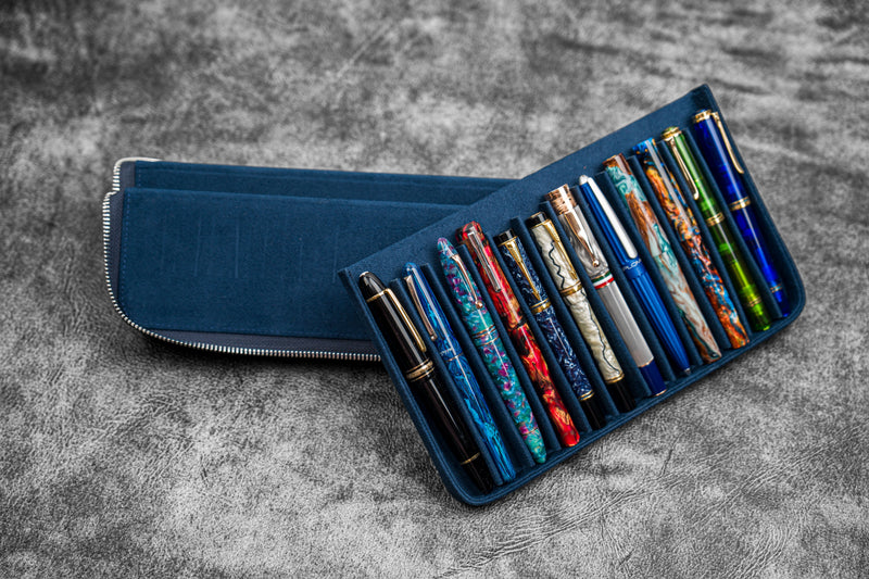 Galen Leather - Leather Zippered Magnum Opus 12 Slots Hard Pen Case with Removable Pen Tray - Crazy Horse Navy Blue - Blesket Canada