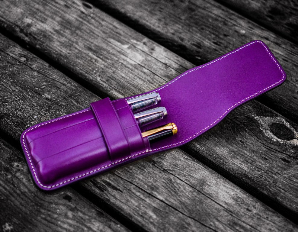 Galen Leather - Leather Flap Pen Case for Three Pens - Purple - Blesket Canada