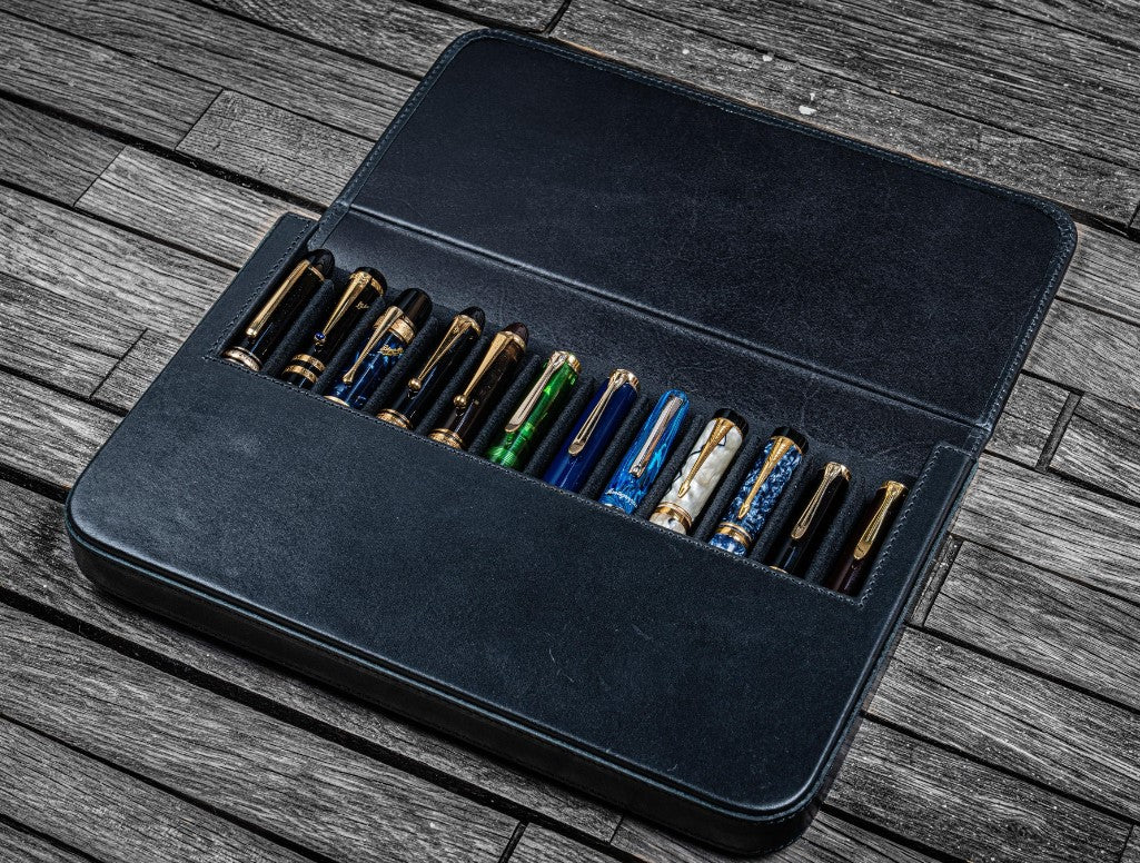 Galen Leather - Leather Magnum Opus 12 Slots Hard Pen Case with Removable Pen Tray - Black - Blesket Canada