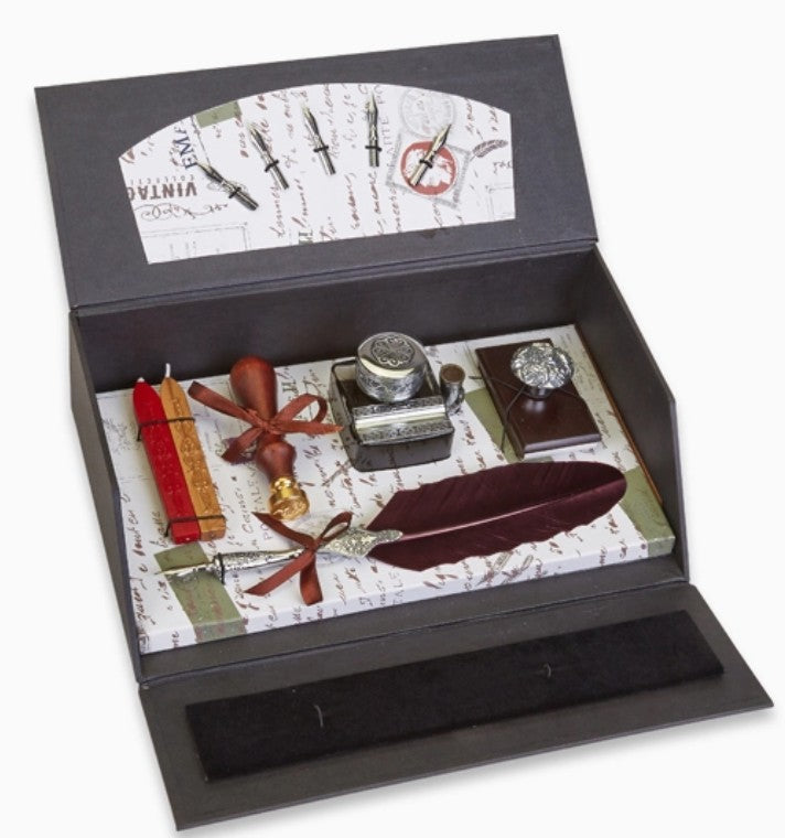 Freund Mayer & Co. Ultimate Desk Writing Set with Quill Pen & Accessories – Black Pen with Crown Stamp - Blesket Canada