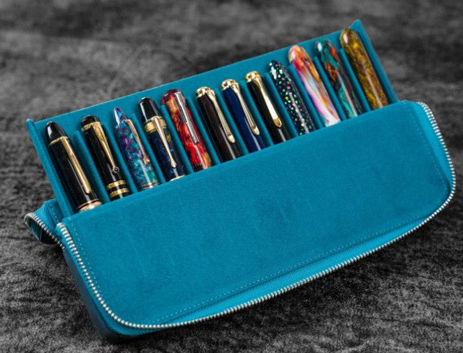 Galen Leather - Leather Zippered Magnum Opus 12 Slots Hard Pen Case with Removable Pen Tray - Crazy Horse Ocean Blue - Blesket Canada