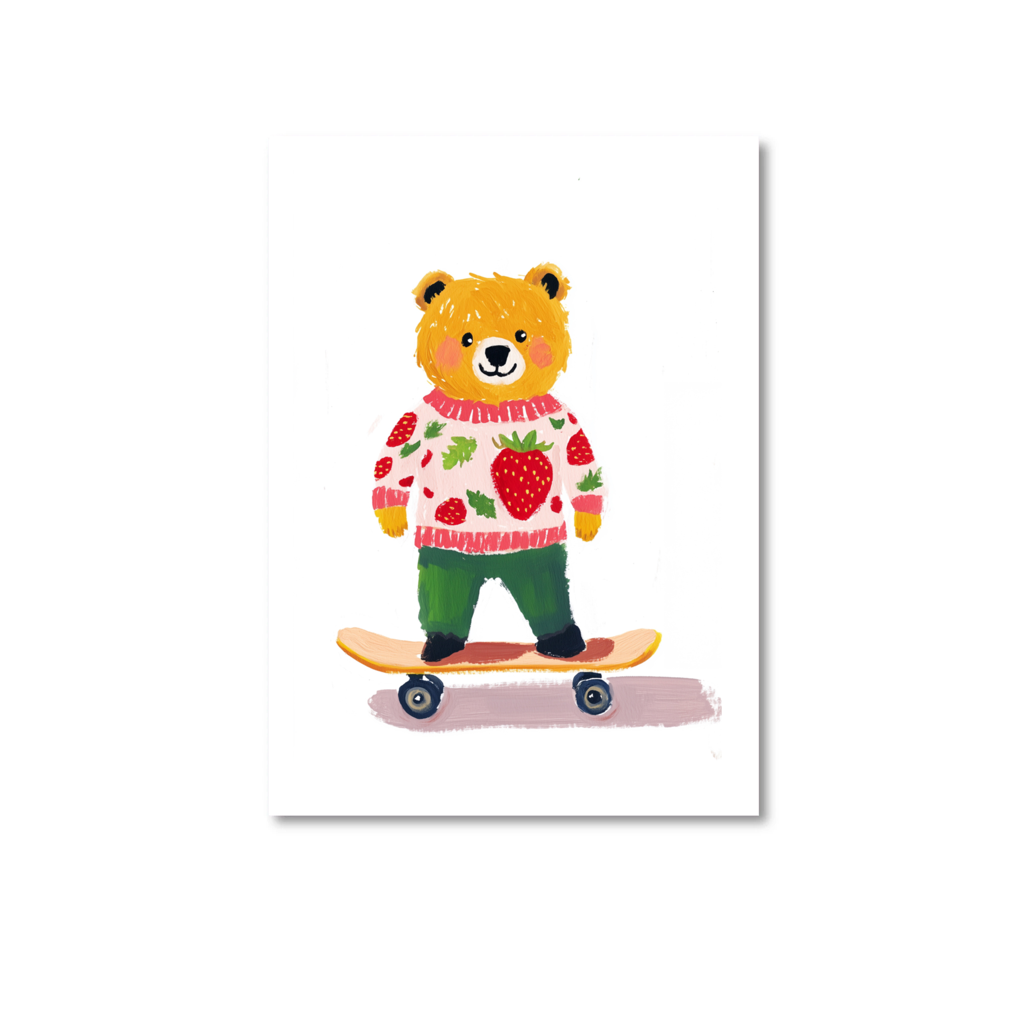 Only Happy Things Stationery Postcard - Teddy with Strawberry Sweater on Skateboard - Blesket Canada