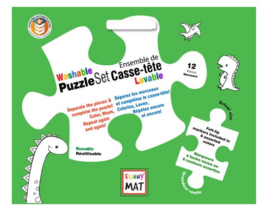 Funny MAT - 12 PC WASHABLE COLORING PUZZLE SET, DINOSAUR With 6 Marker - Blesket Canada