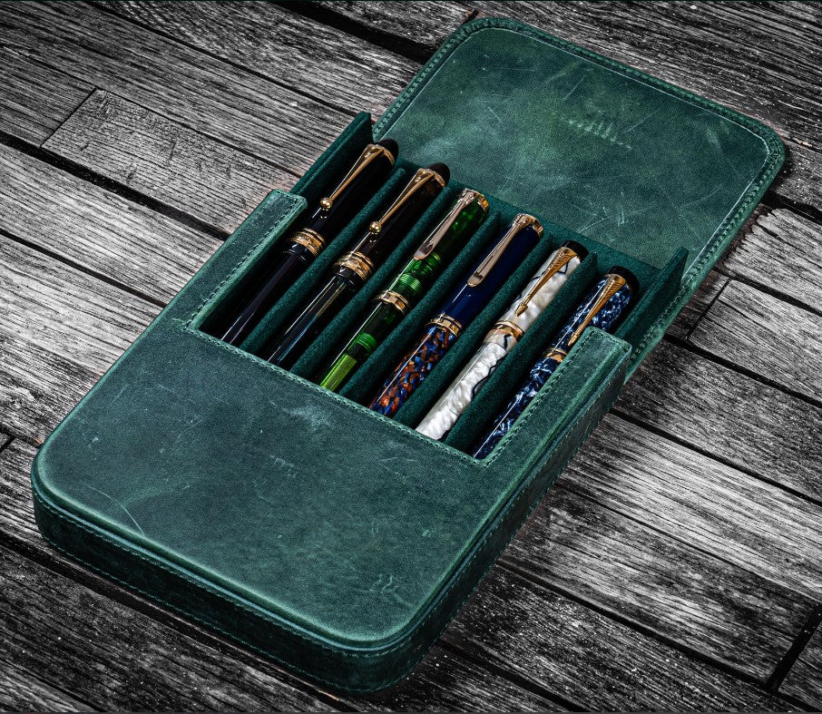 Galen Leather - Leather Magnum Opus 6 Slots Hard Pen Case with Removable Pen Tray - Crazy Horse Forest Green - Blesket Canada